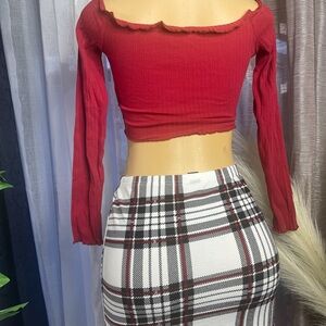 Red Off-Shoulder Top and Plaid Skirt Set